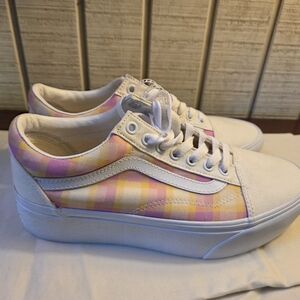 Vans Women's Pink and Yellow Plaid Sneakers